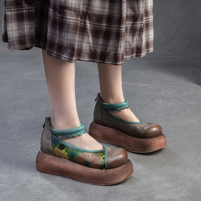 Retro Leather Fashionable Platform Printed Lace Straped Shoes Weatherproof Coating