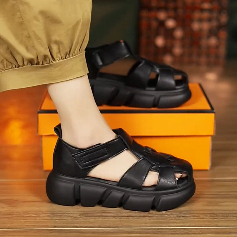 Cool Look Women Summer Leather Cut Out Velcro Platform Shoes