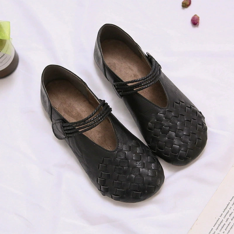 strongest Premium Leather Alternatives Women Casual Retro Woven Round Toe Flat Sole Velcro Sandals