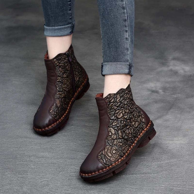 commuters' convenience Women Retro Floral Handmade Leather Boots