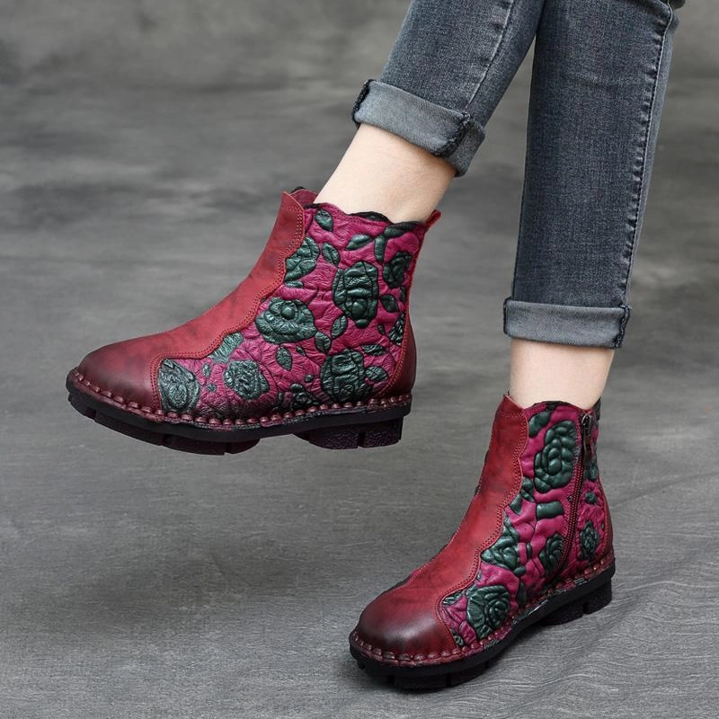 Grippy Tread Pattern Fitted Traction Women Retro Floral Handmade Leather Boots