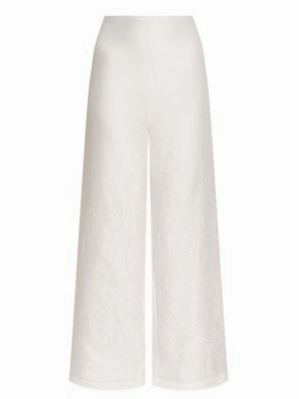 NonRestrictiveSilhouette Sue?o Botanico Embroidered Linen Wide-Leg Pants in Off White
