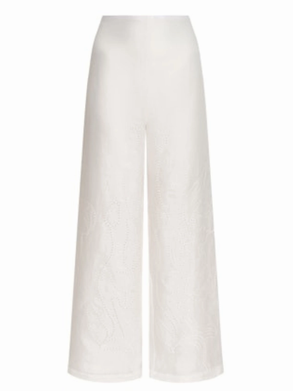 Sun shield Summer Ready Sue?o Botanico Embroidered Linen Wide-Leg Pants in Off White