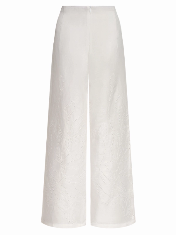 DurableBlend Sue?o Botanico Embroidered Linen Wide-Leg Pants in Off White