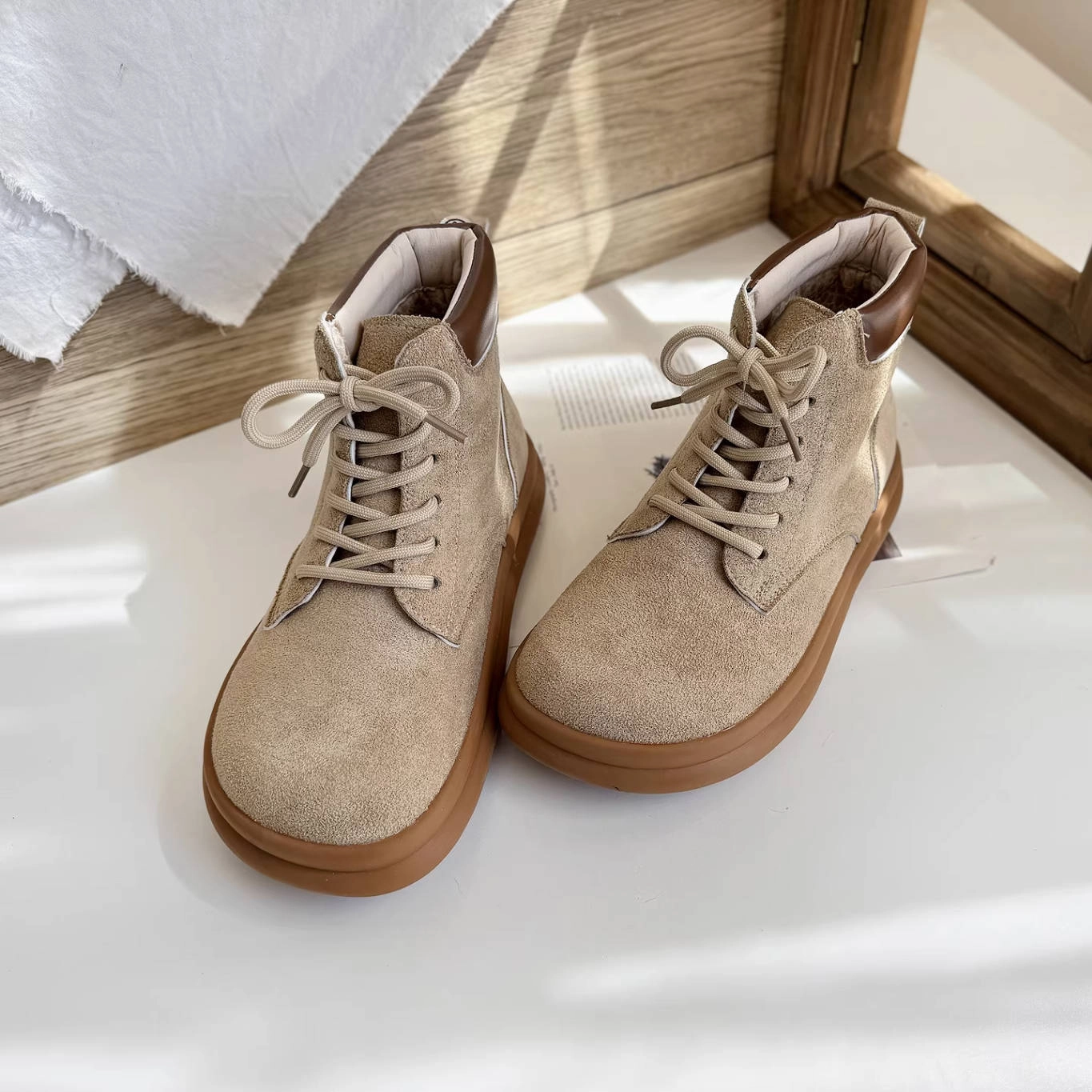 Sueded Top Leather Patchwork Soft Flat Sole Lace-Up Boots Tall Wide Toe Box Design