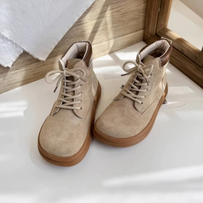 Sueded Top Leather Patchwork Soft Flat Sole Lace-Up Boots Traction Grip