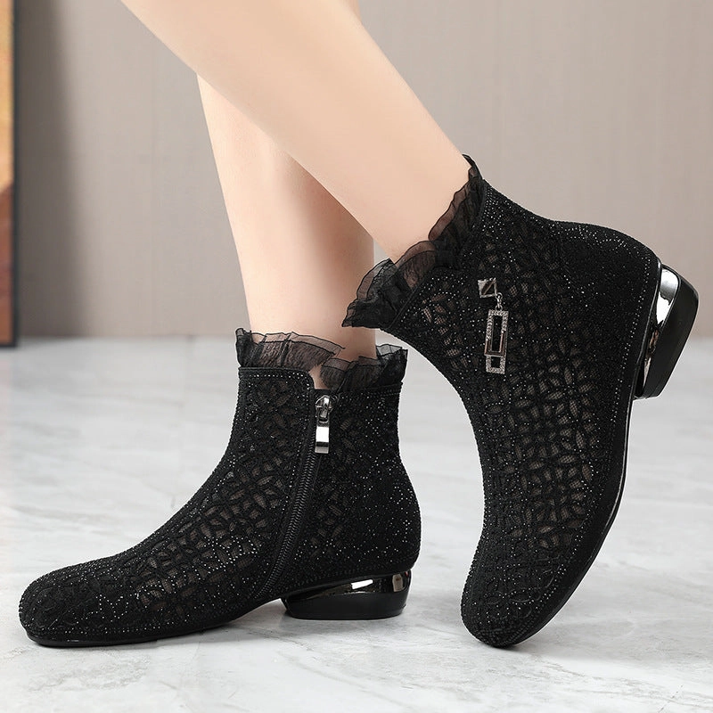 Fashion Rhinestones Hollow Out Thick Heel Short Boots for Women Breathable Lining