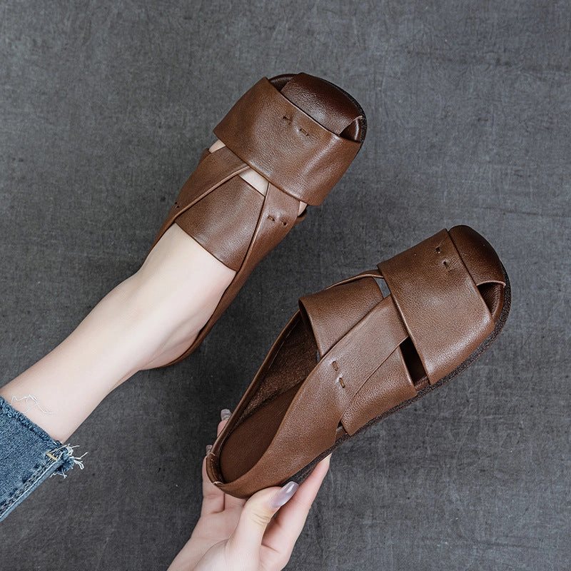 Refined Ease Summer Genuine Leather Thin Soft Sole Cut-Out Sandals Slippers