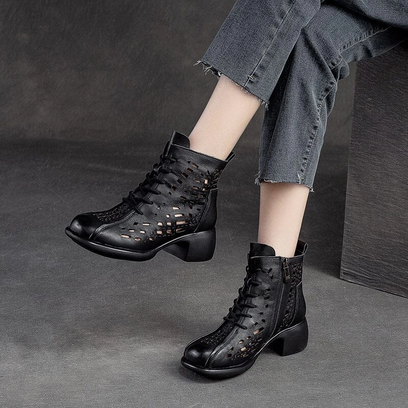 Summer Hollow Leather Chunky Lug Sole Boots worker wide - fitting