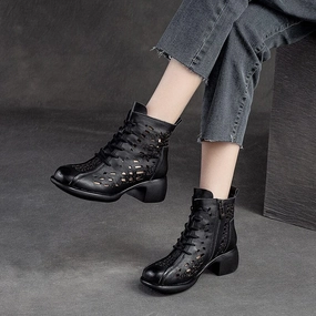 humid - weather Appropriate Summer Hollow Leather Chunky Lug Sole Boots