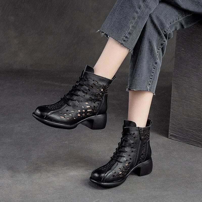 rubber Summer Hollow Leather Chunky Lug Sole Boots