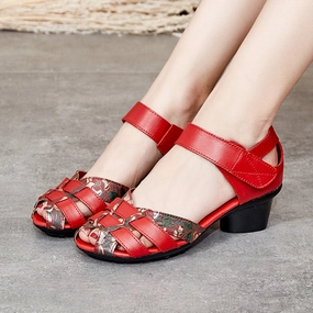 Summer Retro Ethnic Leather Peep-Toe Sandals Compression Molded Cushioning narrow-fit