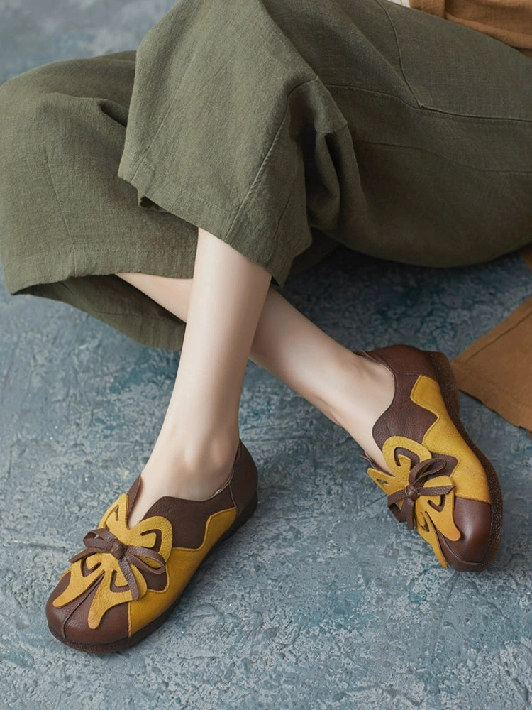 Ergonomic Heel Cup Comfortable fit Summer Retro Leather Ethnic Style Bow Shallow Shoes