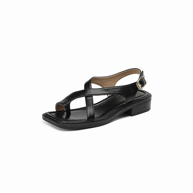 hiker Summer Retro Leather Low Chunky Toe Post Sandals
