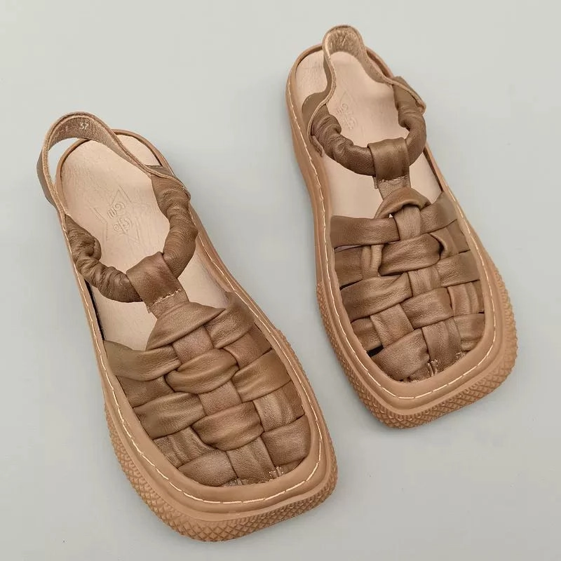 Summer Retro Leather Woven Plus Size Closed Toe Sandals wanted Premium Leather Alternatives