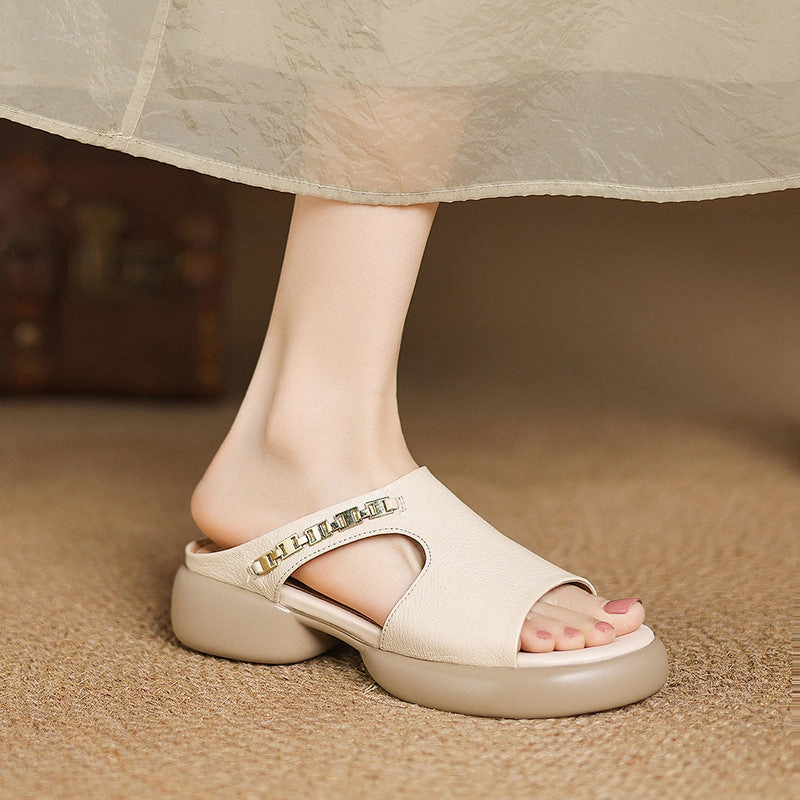 Summer Sheepskin Leather Open Toe Casual Chunky Shoes Shock Diffusion