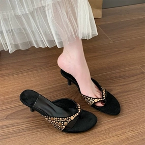 Sought-after Stretchable Tongue Summer Vintage Sueded Decorative Rivets Flip-Flops Shoes