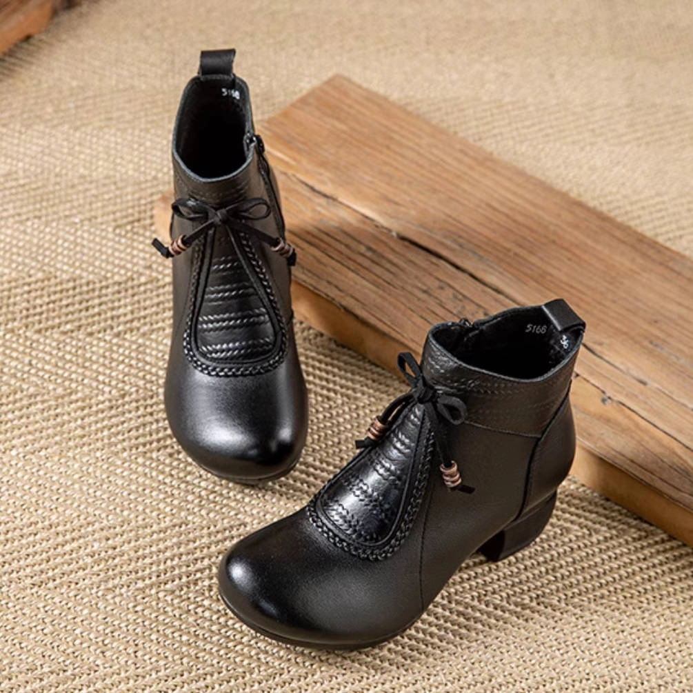 Ethnic Style Leather Chunky Heel Round Toe Side Zipper Boots Foot Style