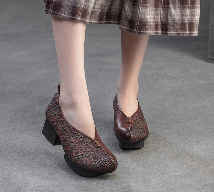 Ladies Vintage Floral Embossed Leather Block Heel Shoes Heat Dissipation System