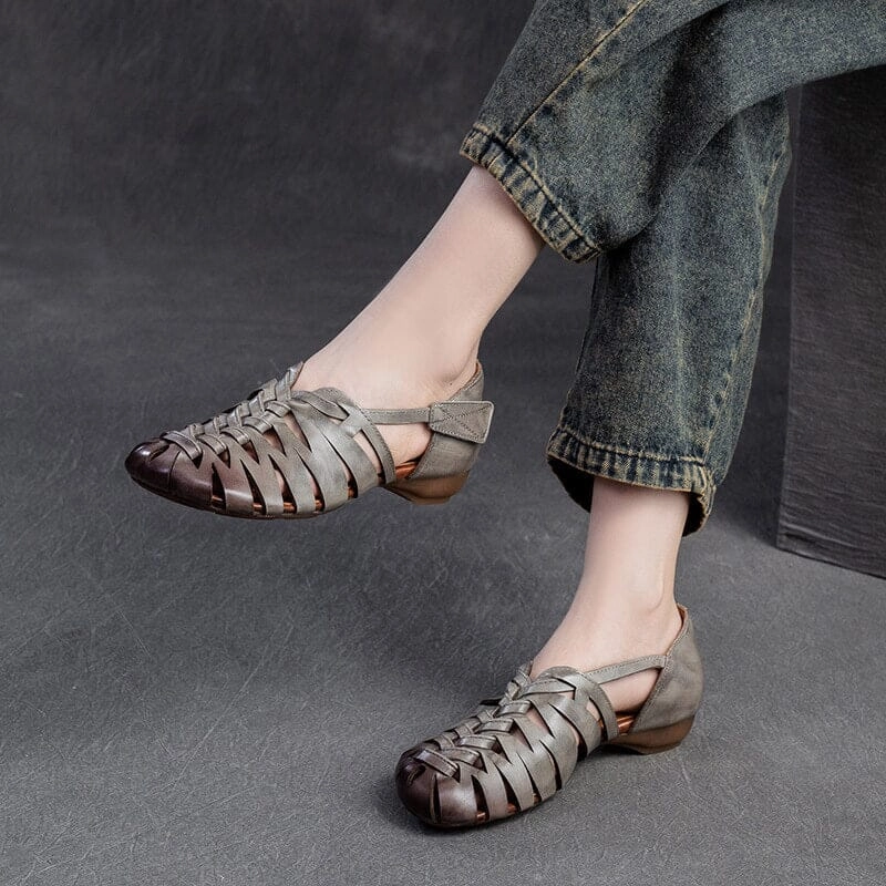 hook - and - loop closure Women Spring Vintage Casual Leather Sandals