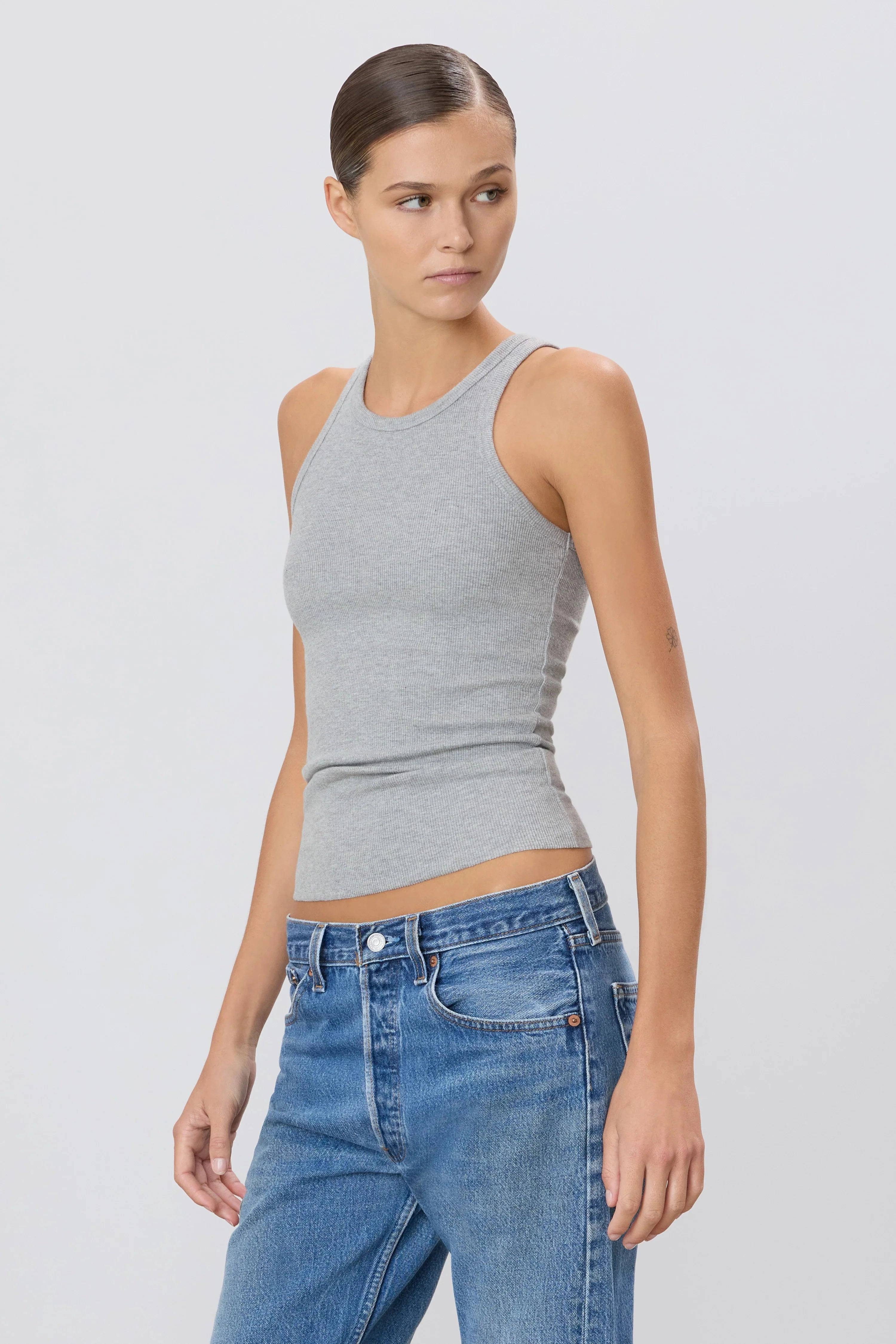 High Neck Fitted Tank in Heather Grey Relaxed Fit Beach Ease