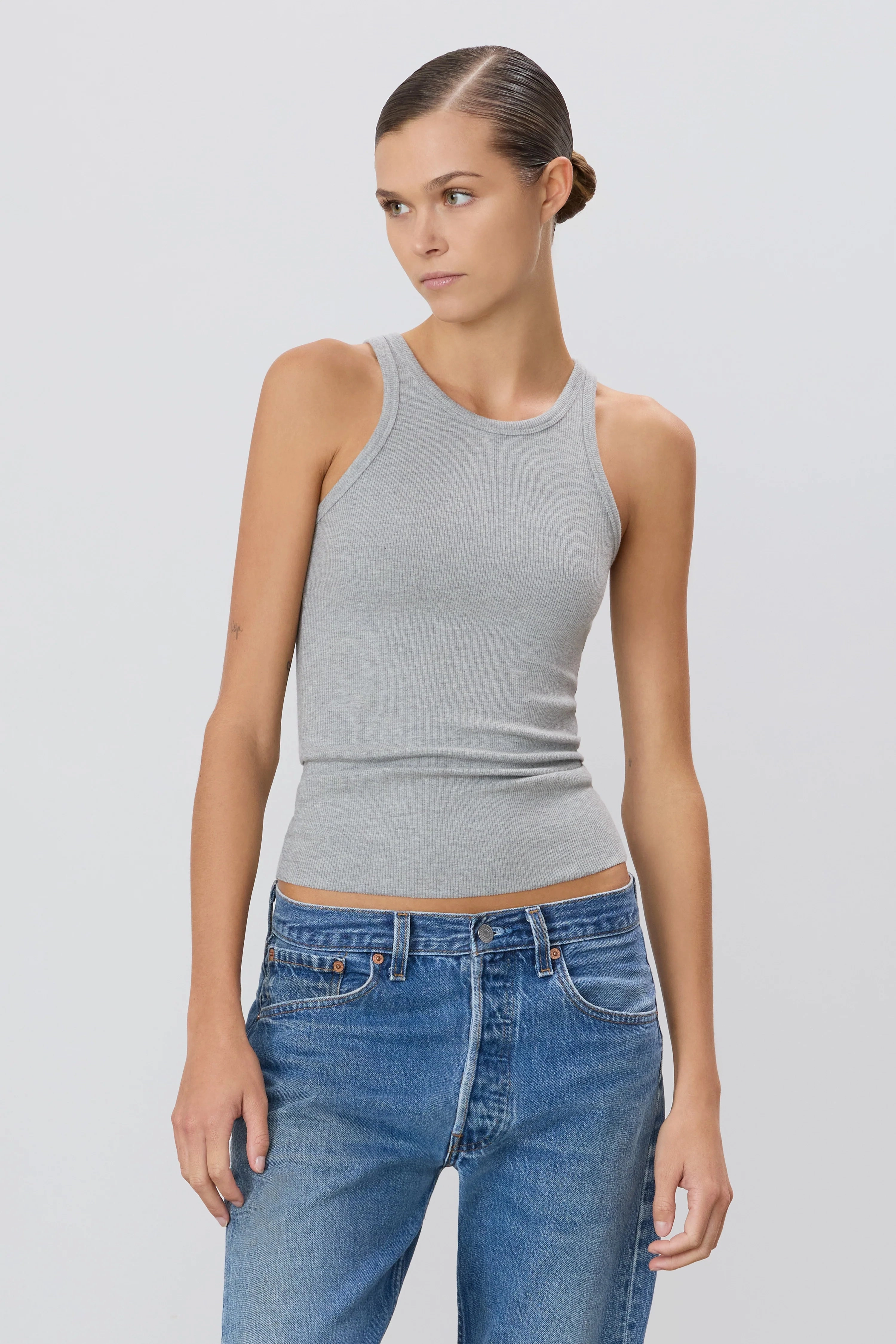 EasyAdjustStraps High Neck Fitted Tank in Heather Grey