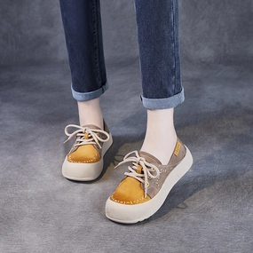 Women Color Block Genuine Leather Flat Casual Shoes Light