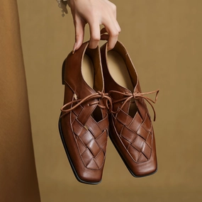 Adaptive Flex Grooves travel - convenient Elegant Leather Woven Square Toe Lace-Up Flat Shoes