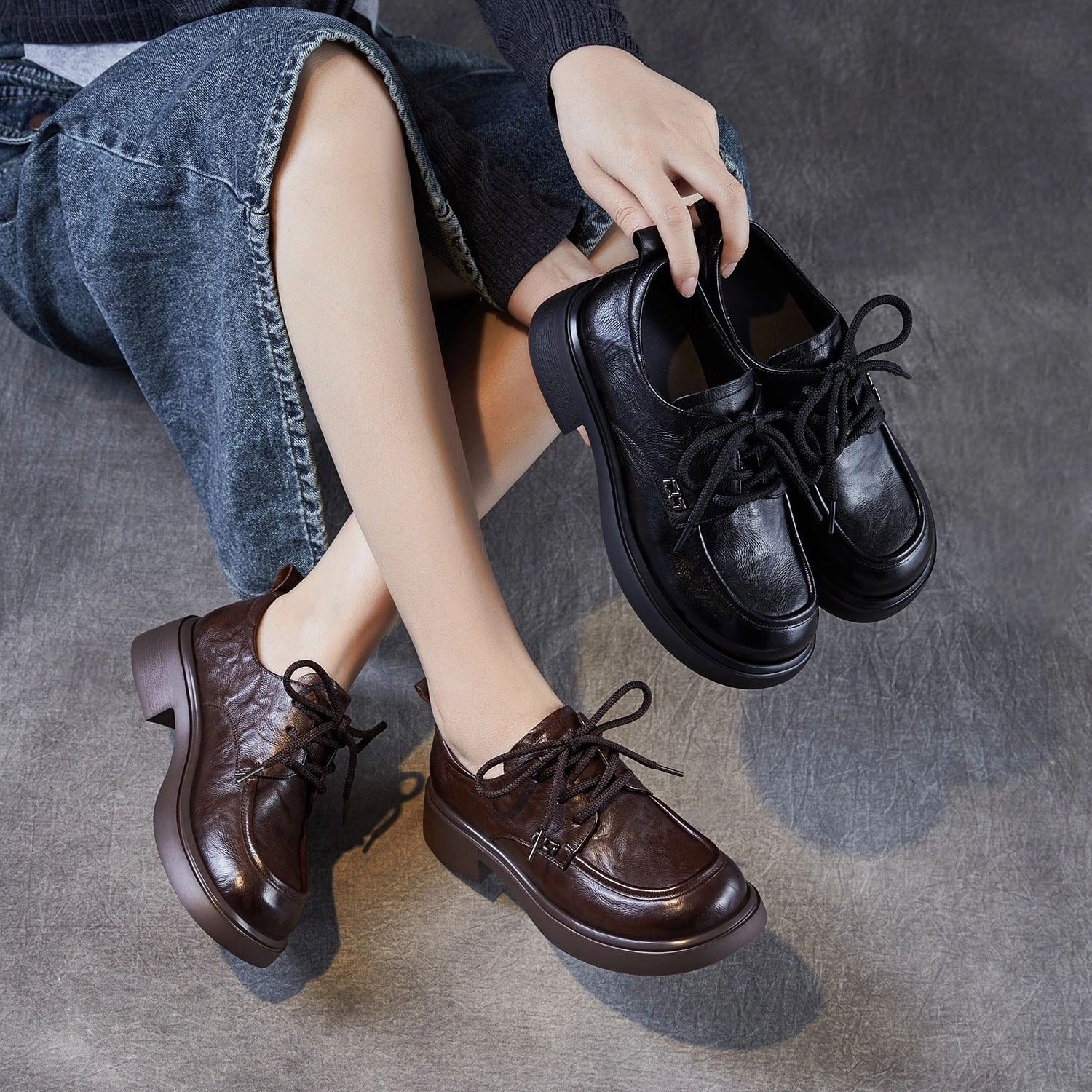 All-Day Durability Top Leather Retro Round Toe Casual Lace-Up Loafer Shoes