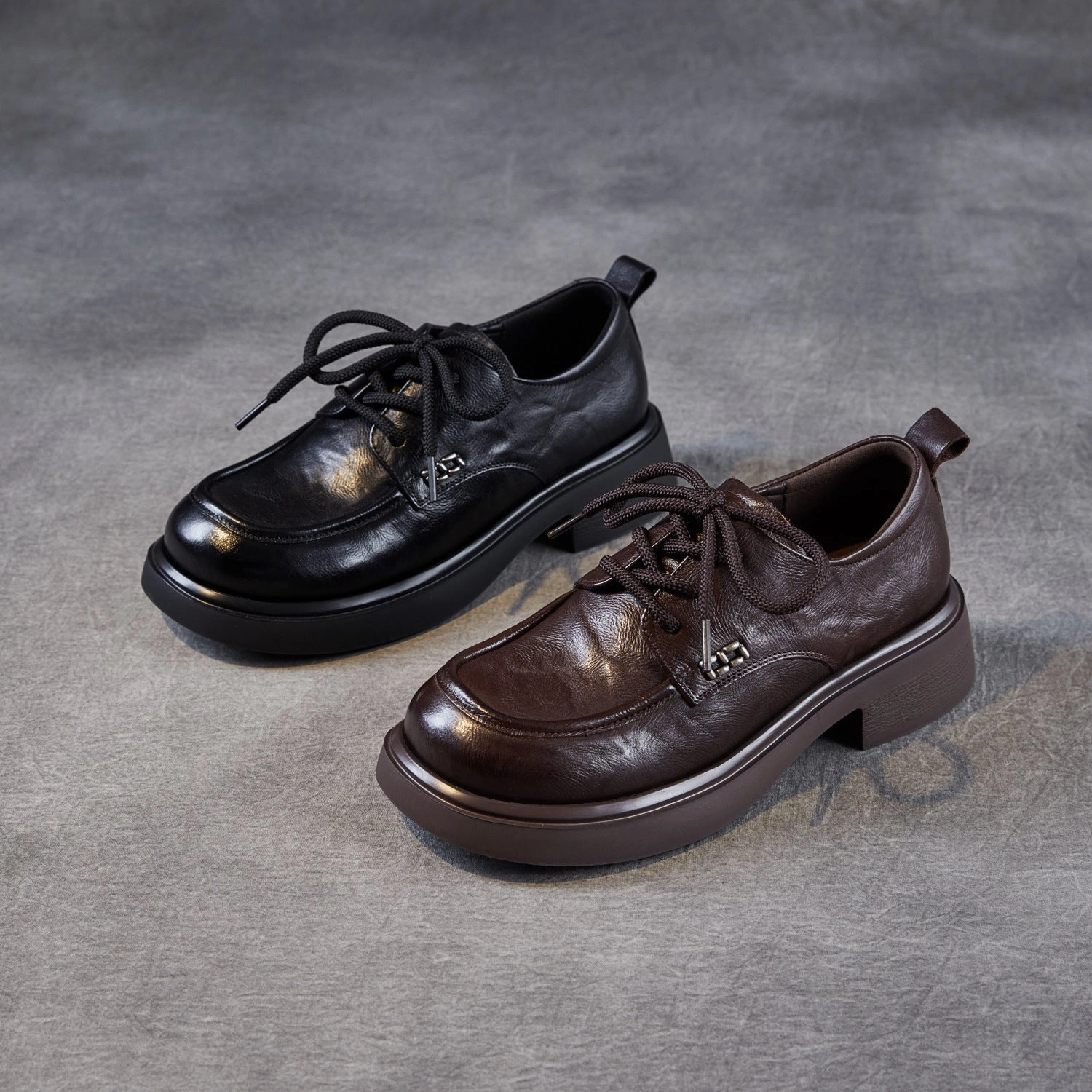 Top Leather Retro Round Toe Casual Lace-Up Loafer Shoes Ultra Light Cushioning