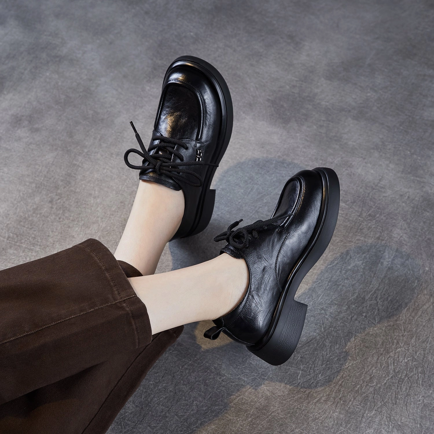 Top Leather Retro Round Toe Casual Lace-Up Loafer Shoes Quick Dry Tech Zero Drop Profile