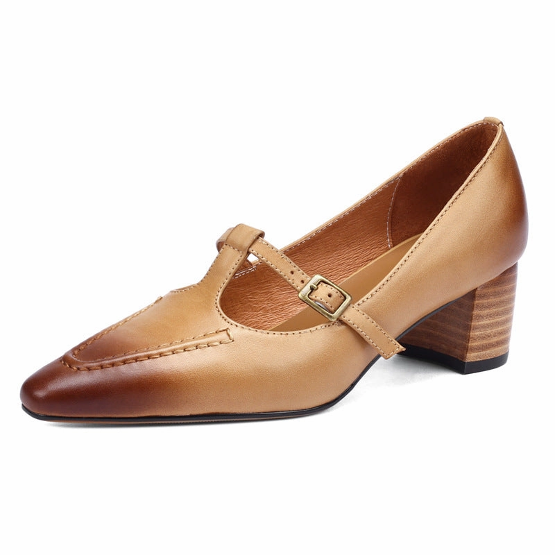 Elegant Leather Pointed Toe One Straped Chunky Shoes Layered Look Airflow Vent System