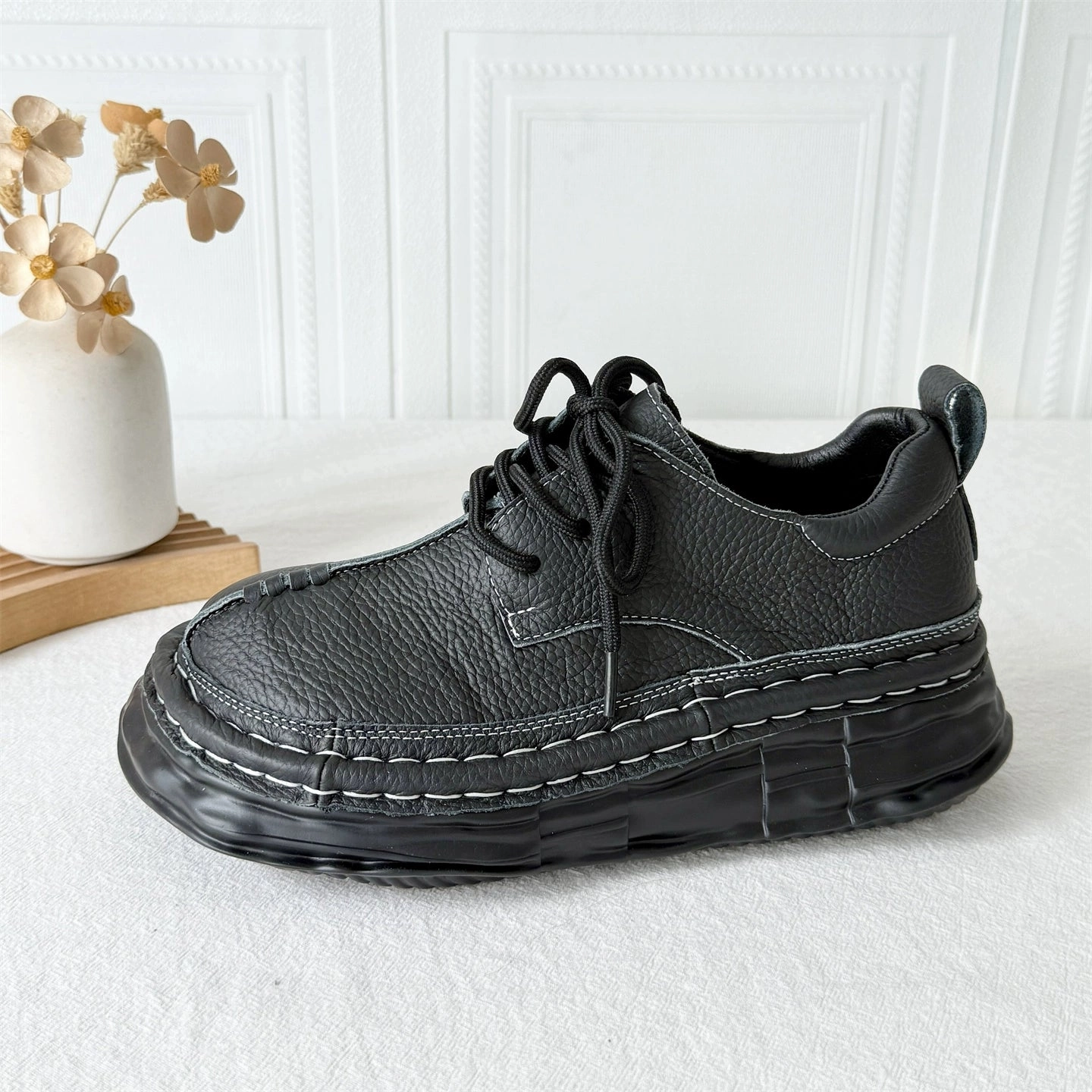 Women Retro Leather Patchwork Platform Casual Boots Tan Stability