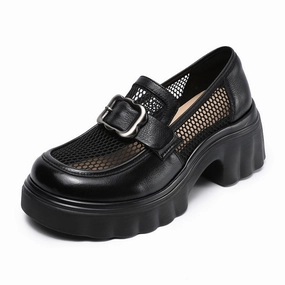 Black Breathable Mesh Patchwork Leather Loafers for Women Seamless Interior Finish Comfort - Focused