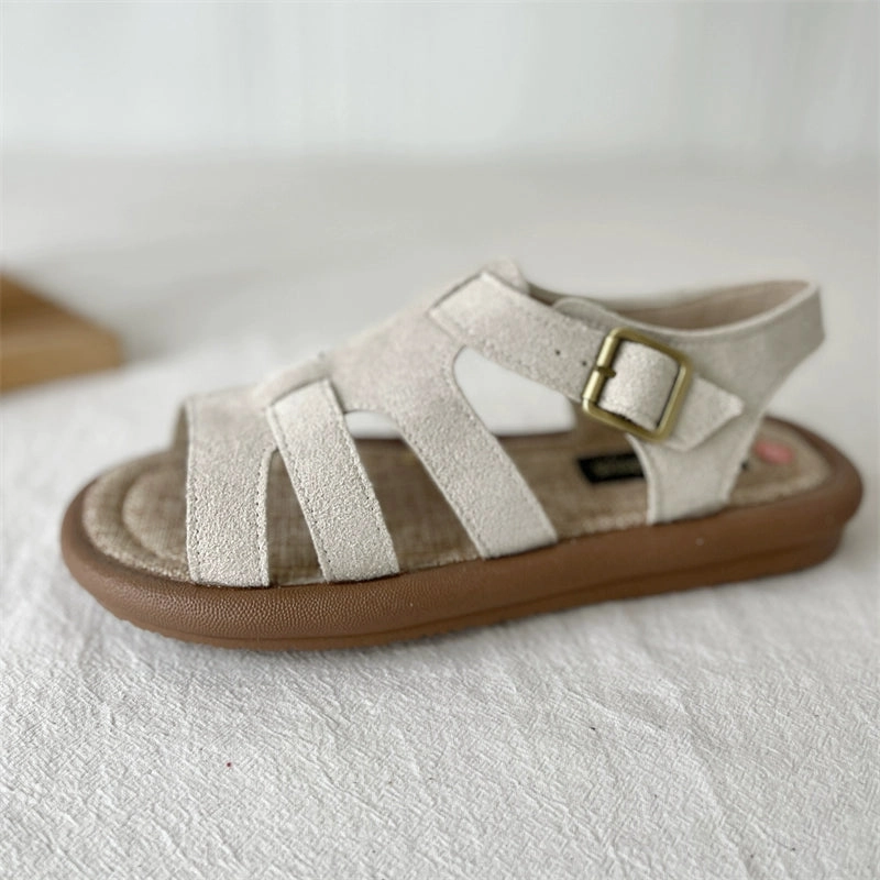Summer Retro Sueded Open Toe Cut Out Soft Flat Sole Sandals Vegan Leather Upper Hyper Elastic Base