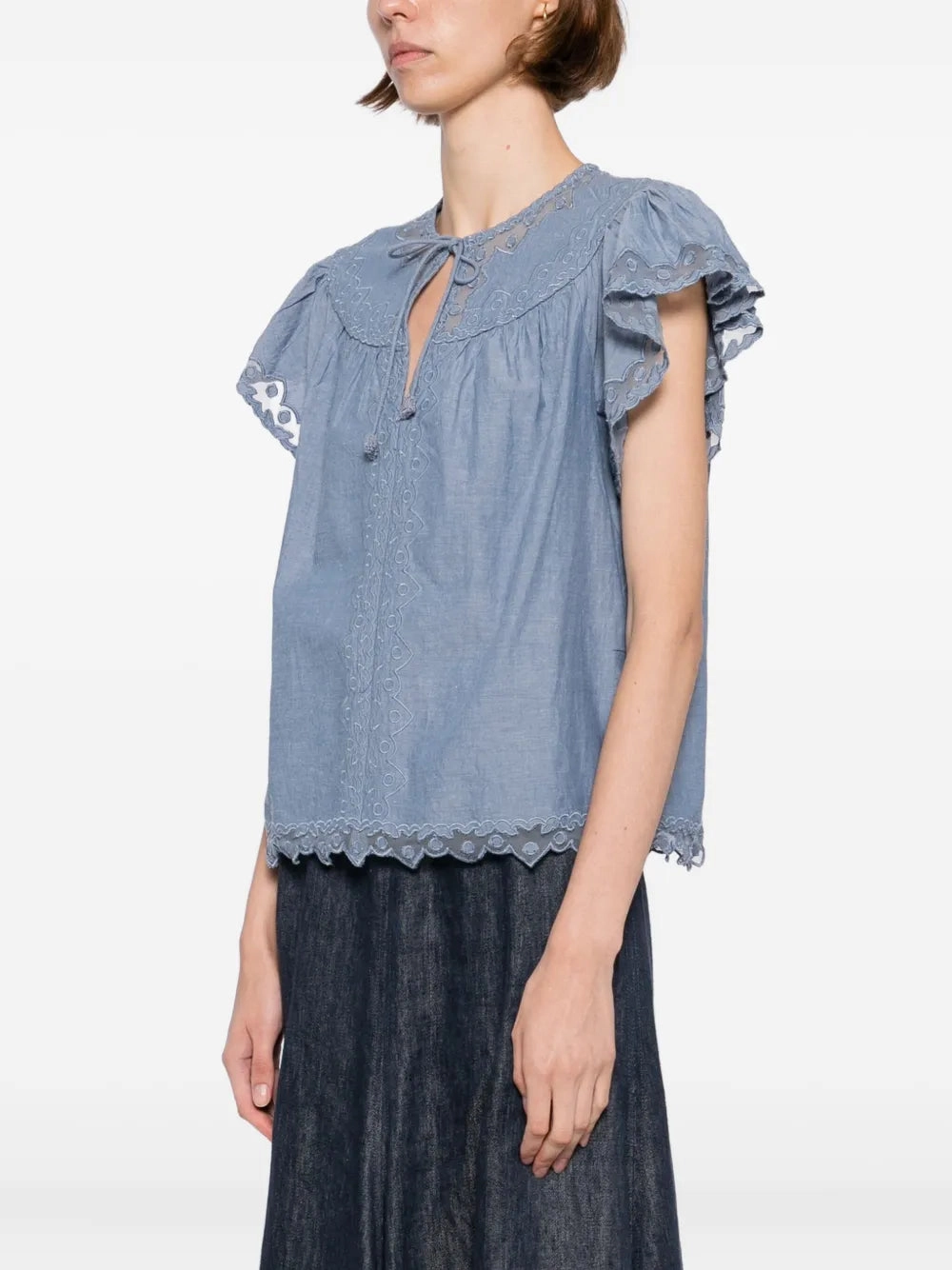 Chic Edge Relax Vibe Effie Flutter Sleeve Top in Chambray
