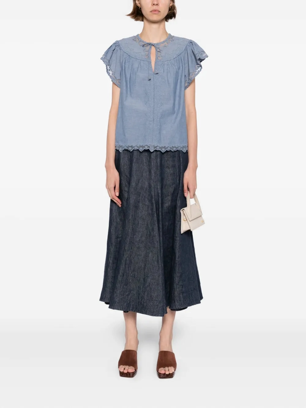 Leader Fit FourWayStretch Effie Flutter Sleeve Top in Chambray