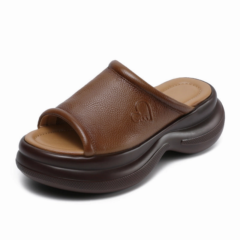 coordinating Adaptive Flex Grooves Babakud Summer Retro Leather Peep Toe Chunky Sole Sandals Slippers
