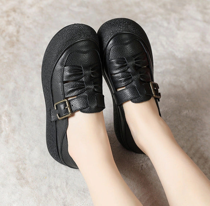 Women Fashion Genuine Leather Ruched Buckled Casual Shoes Quick Dry Tech