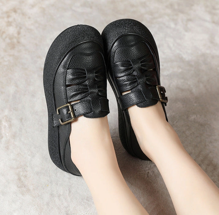Women Fashion Genuine Leather Ruched Buckled Casual Shoes Abrasion Resistant Stitching Handmade