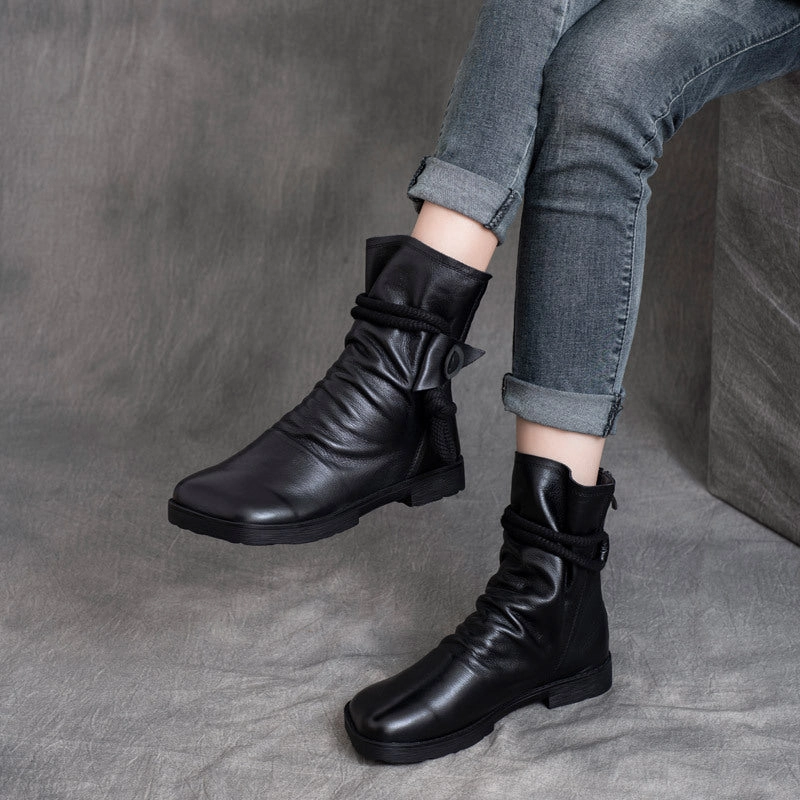 Iconic wear Slip-resistant look Vintage Handmade Leather Ruched Square Toe Zipper Knight Boots