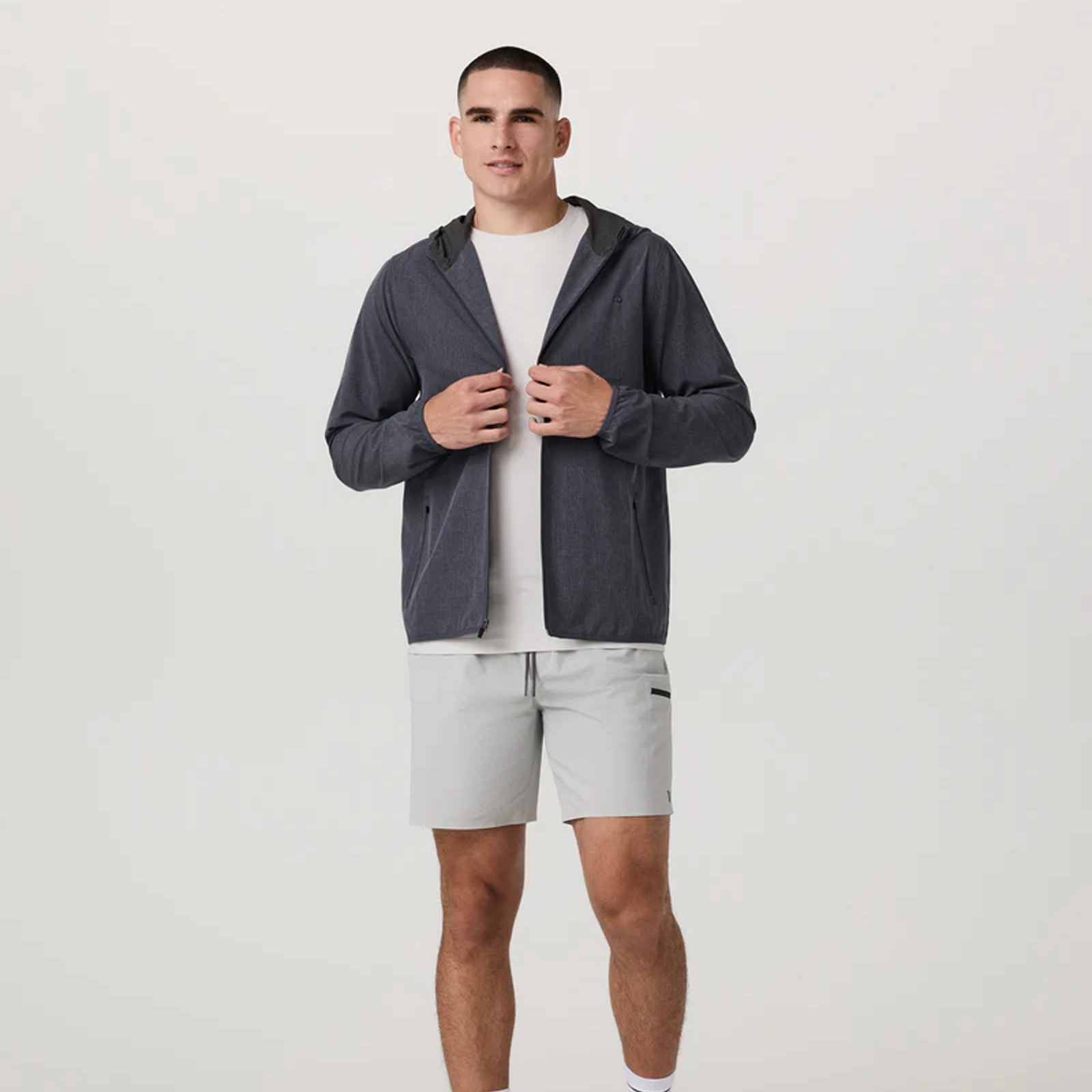 Vuori Outdoor Trainer Shell Jacket (Men) - Moonlight Linen Texture Reflective details Classic Sweater