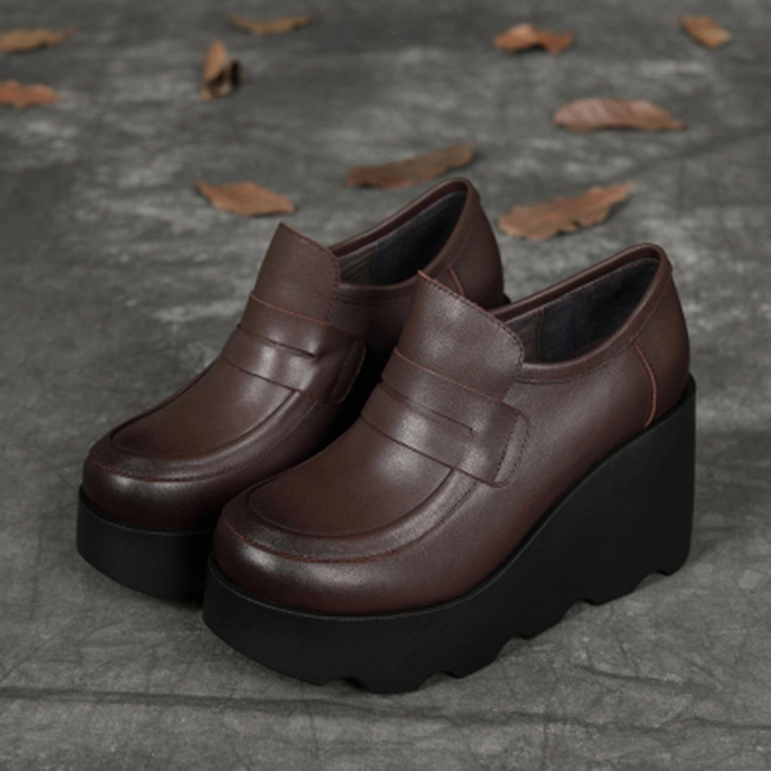least fall British Style Leather High Wedge Shoes