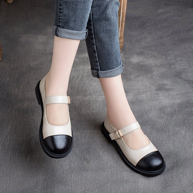 Quick Drying Fabric Seamless Knit Structure Women Spring Retro Leather Velcro Soft Sole Loafers