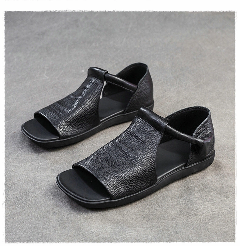 Women Leather Square Toe Flat Sandles exciting