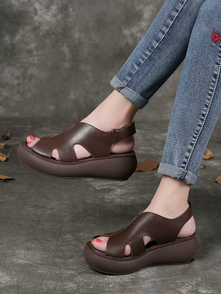 Woman Spring & Summer Retro Casual Leather Wedge Shoes Stacked Heel Technology floral