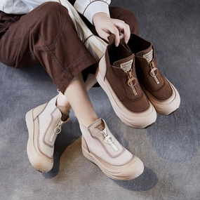 Women Autumn Leather Casual Platform Front Zipper Shoes running - specific features