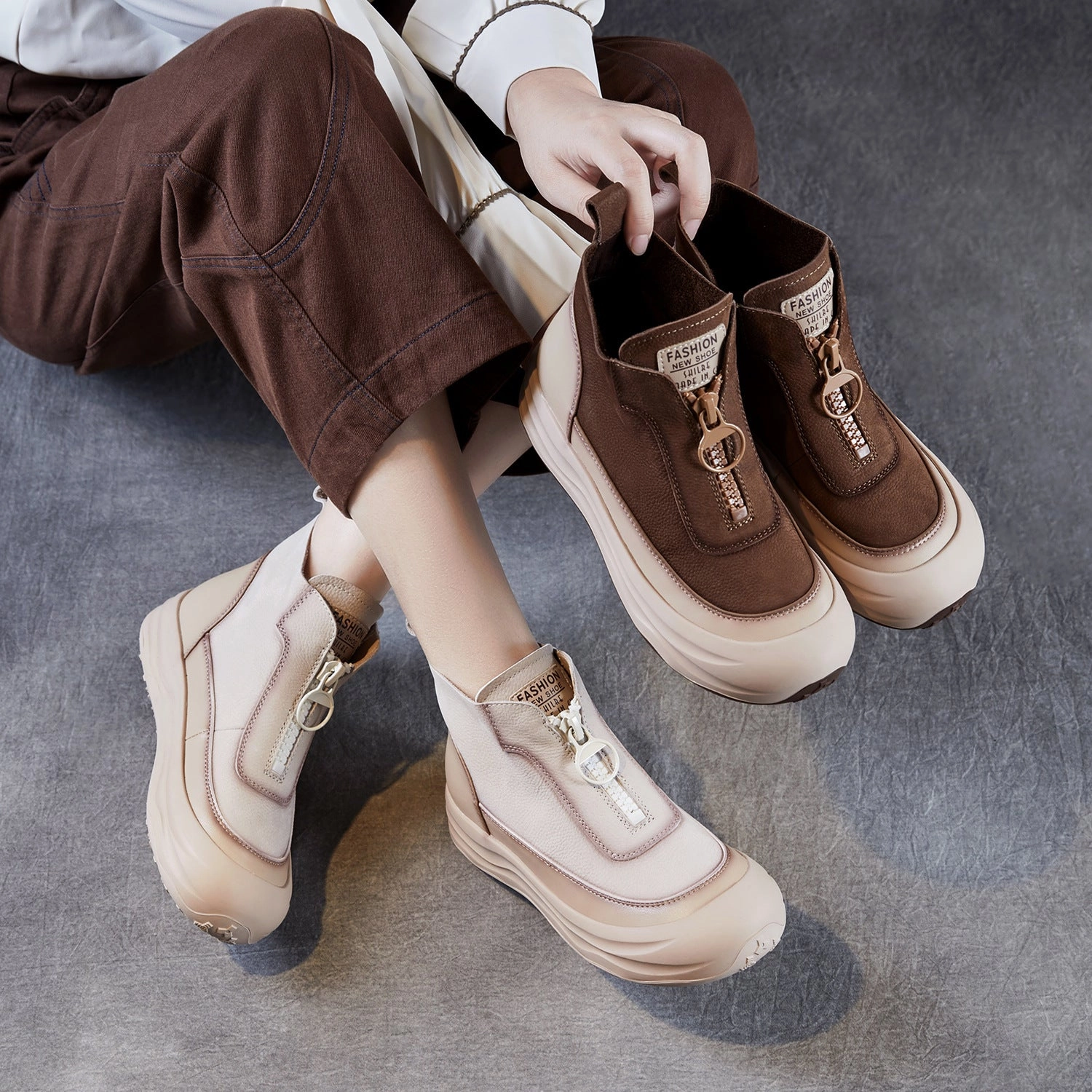 Women Autumn Leather Casual Platform Front Zipper Shoes running - specific features