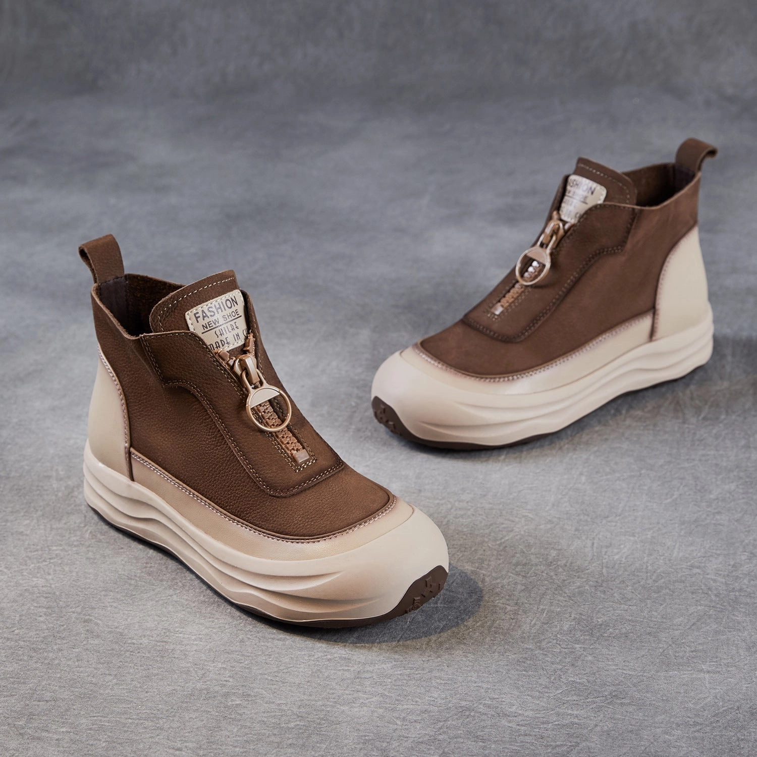 Ergonomic Footbed Shape Stiff Women Autumn Leather Casual Platform Front Zipper Shoes