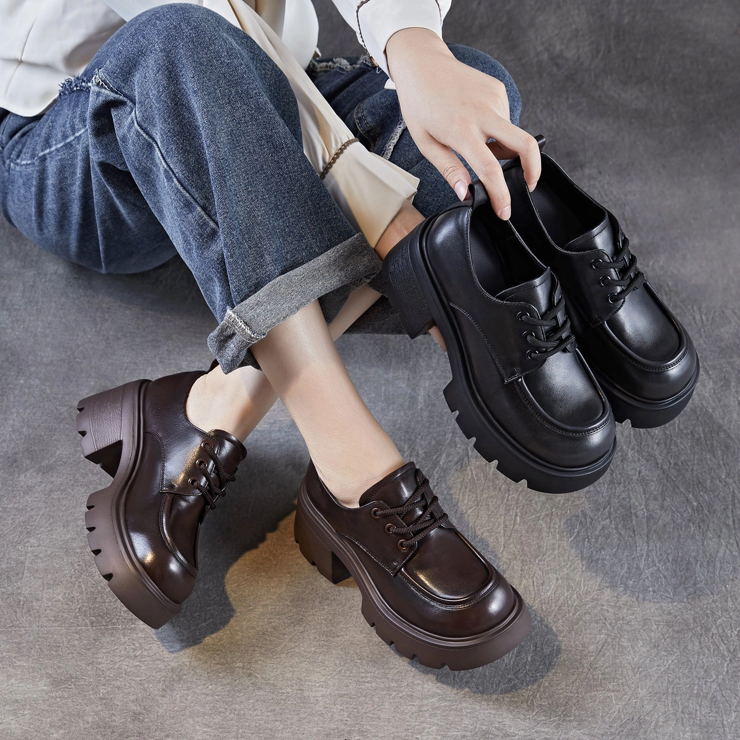 Women Autumn Leather Soft Sole Platform Casual Loafer Shoes volleyball players Tread Pattern